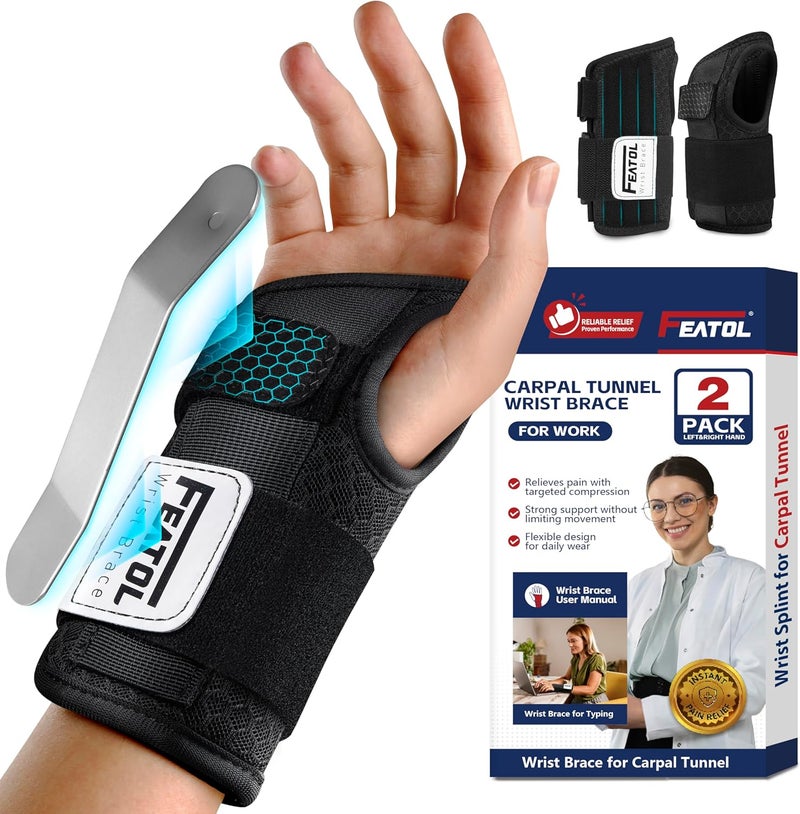 FEATOL 2 Pack Carpal Tunnel Wrist Brace For Work With Wrist Splint, 6.5'' Hand Brace Night Support For Women Men, Pain Relief For Tendonitis, Arthritis, Pregnancy, Typing, Right and Left Hand, Small - Image 1